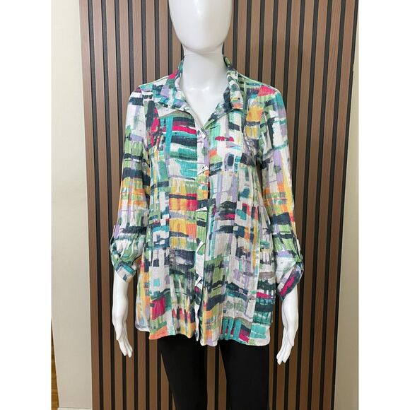 Ali Miles Women's S Green Button-Up Rayon Shirt Tunic Artsy Coastal Cottage Boho - Picture 1 of 9